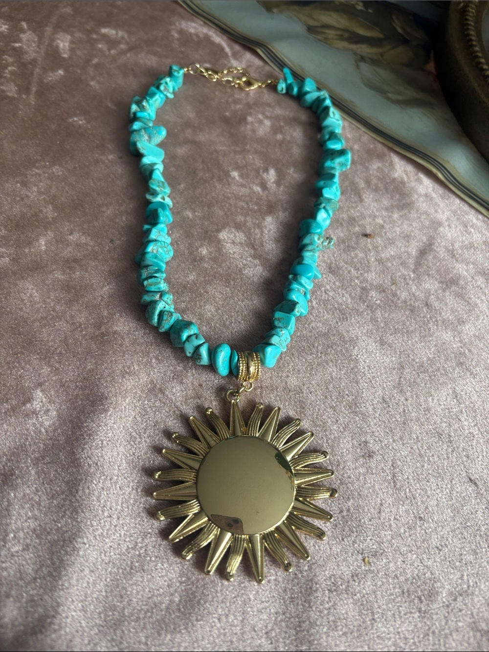 Turquoise Beaded Sunburst Pendant Necklace - Gold Accent